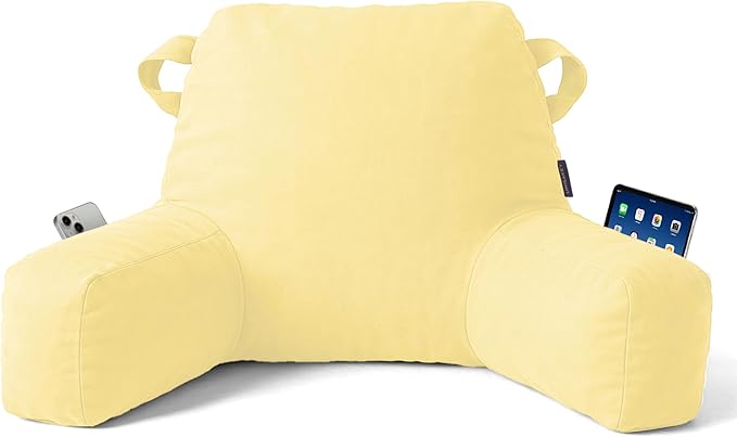 Unisakey Portable Comfy Reading Pillows for Bed Sitting Up(Yellow Oeko-Tex), Velvet Back Pillow with Arms & Pockets for Adults, Support Memory Foam Bed Pillow for Dorm/Reading/Watching/Gaming