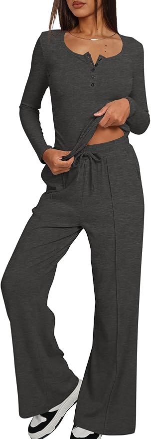 Darong Womens 2 Piece Matching Lounge Sets 2026 Long Sleeve Henley Shirts Wide Leg Pants Airport Travel Outfits