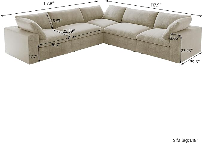V-Shaped Cloud Sectional Couch, Modular Sectional Sofa, Modern Comfy Cloud Sofa, Covers Removable, Convertible Sleeper Couch for Living Room Apartment (Khaki, Linen Fabric)