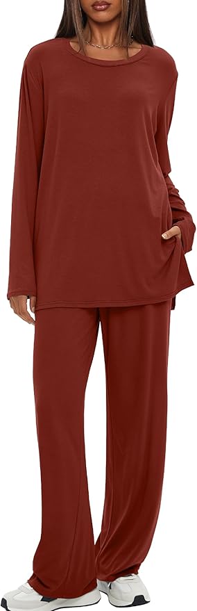 Darong Women's 2 Piece Lounge Set Casual Long Sleeve Crew Neck Tops Wide Leg Pants Travel Airport Outfit Matching Sets