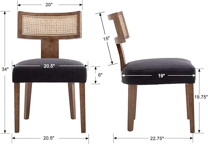 RIVOVA Rattan Dining Chairs Set of 4, Modern Fabric Upholstered Kitchen Chairs, Wooden Dining Room Chair Farmhouse Dinner Chair, Charcoal