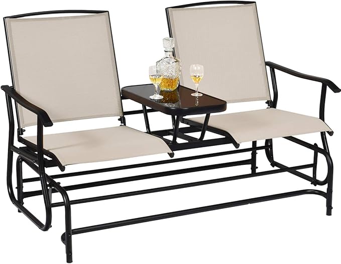 Giantex Patio Bench Glider Chair with Metal Frame, Center Tempered Glass Table, Outside Double Rocking Swing Loveseat for Porch, Garden, Poolside, Balcony, Lawn Rocker Outdoor Glider Bench(Beige)