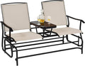 Giantex Patio Bench Glider Chair with Metal Frame, Center Tempered Glass Table, Outside Double Rocking Swing Loveseat for Porch, Garden, Poolside, Balcony, Lawn Rocker Outdoor Glider Bench(Beige)
