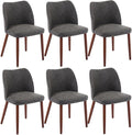 ElfinAura Dining Chair Set of 6, Leather Upholstered Dining Chair with Wood Legs, Wing Backrest, Wooden Kitchen Chair, Kitchen Chairs with Thick Cushions for Dining Room, Living Room, Dark Grey