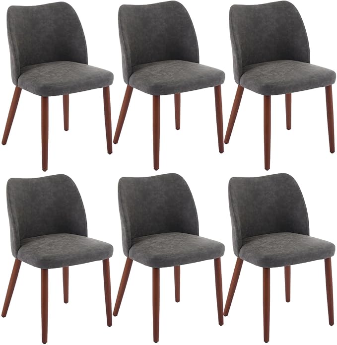 ElfinAura Dining Chair Set of 6, Leather Upholstered Dining Chair with Wood Legs, Wing Backrest, Wooden Kitchen Chair, Kitchen Chairs with Thick Cushions for Dining Room, Living Room, Dark Grey