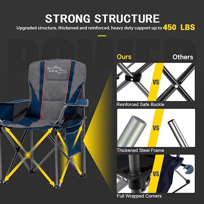 FAIR WIND Oversized Fully Padded Camping Chair for Heavy People with Lumbar Support, Heavy Duty Quad Fold Arm Chair with Cooler Bag - Support 450 LBS，Blue