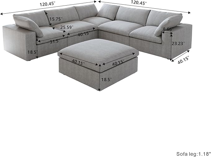 160.6" Cloud Modular Sectional Sofa with Thick Cushion,Down Filled Comfort V Shaped Sofa Couch for Living Room,Minimalist Wide Deep Seat Convertible Couches，4 Seater & 1 Corner+1 Ottoman