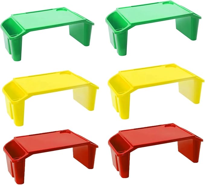 6 Pcs Kids Lap Desk Tray, Plastic Breakfast Lap Desk Trays with Storage Slots, Portable Stackable Lap Tray Tables for Writing Drawing Classroom, 19.69" L x 9.84" W x 7.1" H (Red+Green+Yellow)