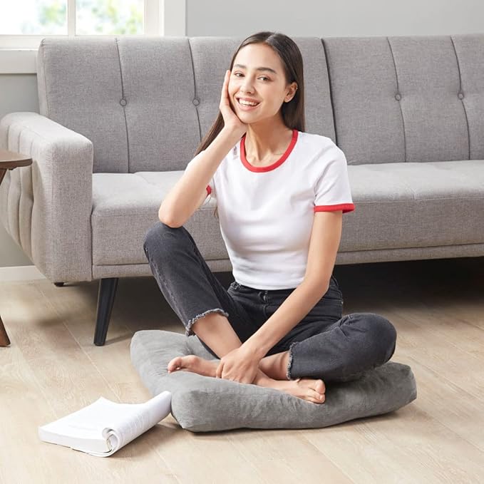 Degrees of Comfort Meditation Floor Pillow, Square Large Pillows Seating for Adults, Gray Tufted Corduroy Cushions for Outdoor Yoga Tatami Fireplace Living Room, Grey, 22x22 Inch
