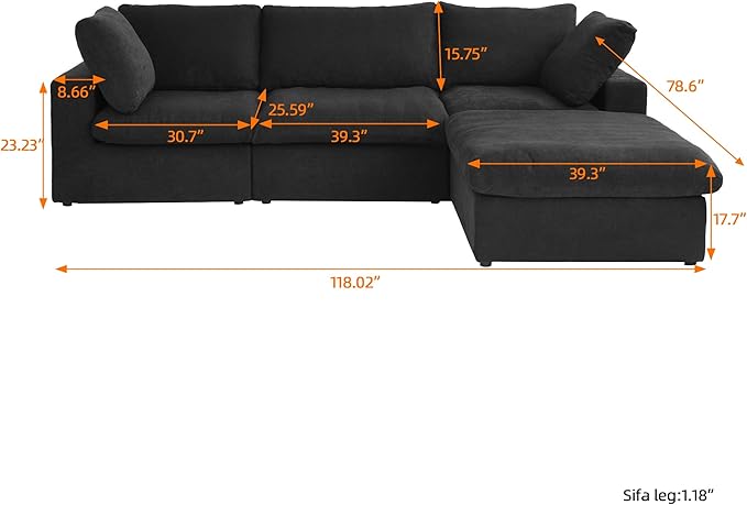 L-Shaped Cloud Sectional Couch, Black Modular Sectional Sofa, Modern Comfy Cloud Sofa with Storage Ottoman, Covers Removable, Convertible Sleeper Couch for Living Room Apartment (Linen Fabric)