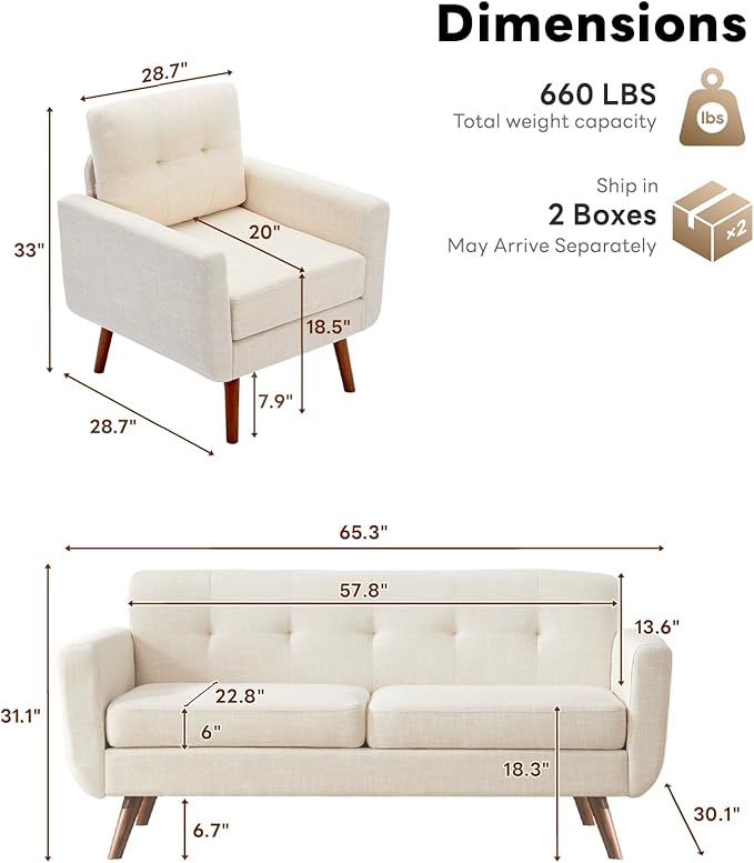 Tbfit Mid Century Modern Sofa Couch, Beige, Loveseat & Accent Chair | linen fabric, button tufted, solid wood foot, pocket spring, wood slats frame