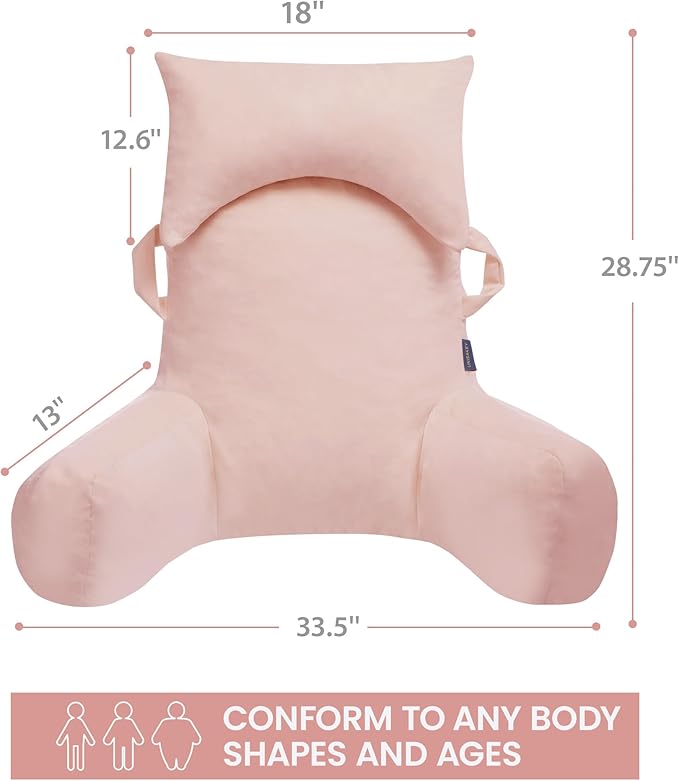 Unisakey Portable Reading Pillows with Headrest for Bed Sitting Up(Pink Oeko-Tex), Velvet Back Pillow with Arms & Pockets for Adults, Support Memory Foam Bed Pillow for Dorm/Reading/Watching/Gaming