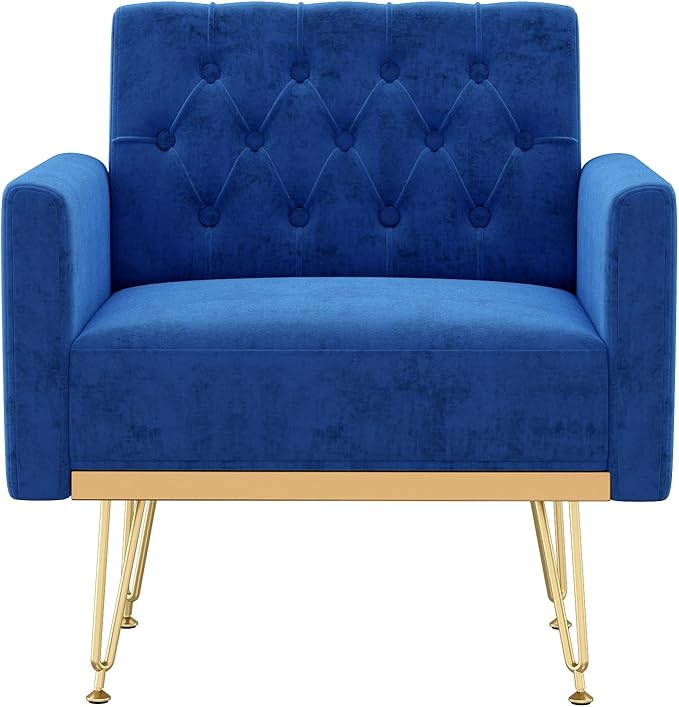 Accent Chair for Living Room, Comfy Oversized Velvet Upholstered Arm Chairs, Mid Century Modern Reading Single Sofa Side Chair with Tufted Back and Gold Legs for Bedroom (2, Navy)