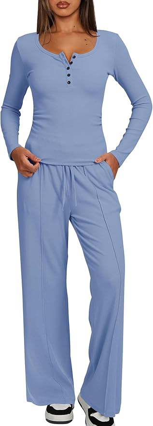 Darong Womens 2 Piece Matching Lounge Sets 2026 Long Sleeve Henley Shirts Wide Leg Pants Airport Travel Outfits