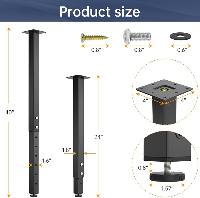 POROHOM 2PCS Adjustable Square Table Leg (24-40inch)，Metal Desk Legs, Home Office DIY Furniture Leg Set for Tables, DIY desks, Counter Tops, Kitchen Tables,Office Desk (Black)