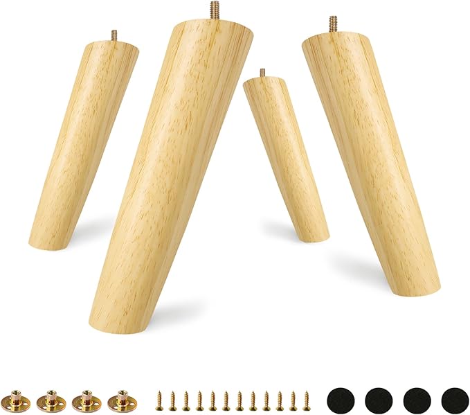 FoDau770 Rubber Wood Furniture Legs 8 Inches, Slant Tapered Wood Feet Mid Century Sofa Legs Set of 4, 5/16" UNC Furniture Feet Replacement Parts for Cabinet Couch Dresser Chair Ottoman Table