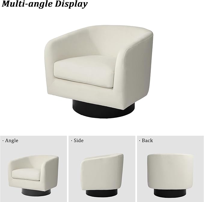 Swivel Barrel Chair, Modern Round PU Leather Accent Armchair for Living Room, Bedroom, Oversized Comfy Club Reading Chairs for Adults (Velvet Ivory, Set of 2)