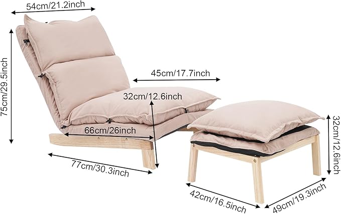 Single Lazy Leisure Chair, Adjustable Recliner Balcony Reclining Japanese Tatami Chair with Ottoman, Floor Seating Lounge Chair with Backrest and Footrest, Upholstered Chair for Living Bedroom (Beige)