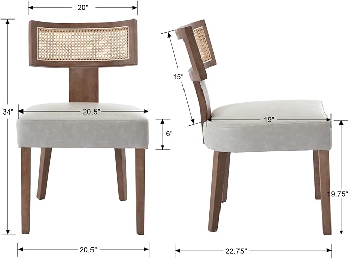 RIVOVA Upholstered Dining Chairs Set of 6 with Rattan Back, Modern Wooden Kitchen Chairs PU Leather Side Dining Room Chair Farmhouse Dinner Chair, Grey