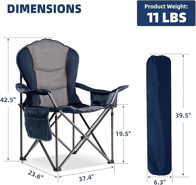Foristrail Large Camping Chair with Side Table Heavy Duty 500LBS - Folding Outdoor Chair with Cooler Bag (Blue & Gray, 2 PCS)