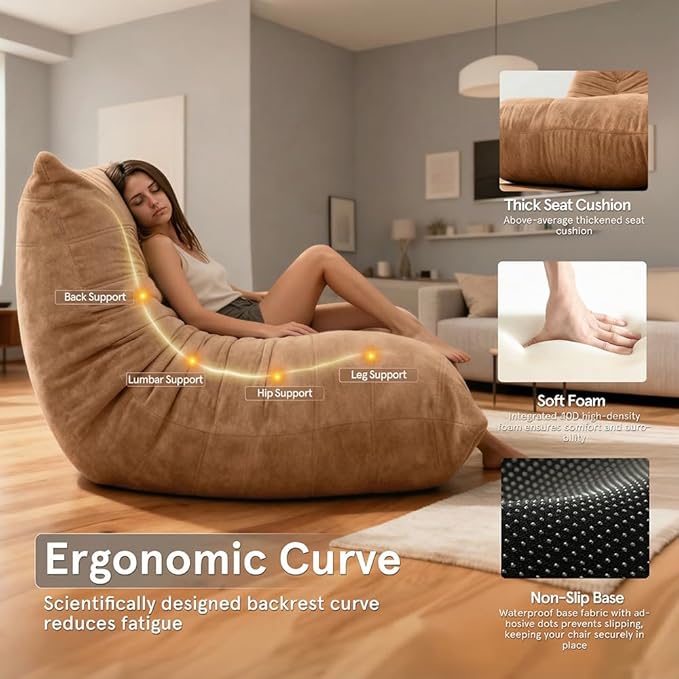 Sytopia Loveseat Bean Bag Chair, Oversized Reading Chair for Adults Ultra-Comfy, Corner Floor Sofa 40D Foam, Togo Sofa Furniture for Living Room Bedroom Gaming, Cashmere Beige