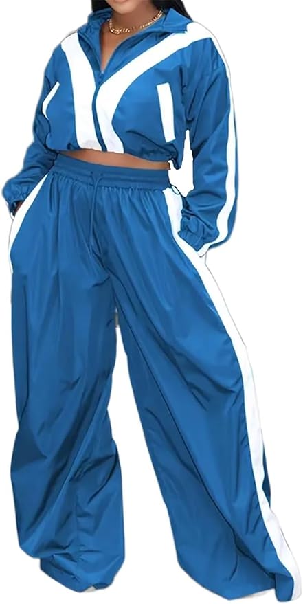 Women Striped 2 Piece Outfits Fall Workout Sets Windbreaker Tracksuit Crop Jacket Wide Leg Pants with Pockets