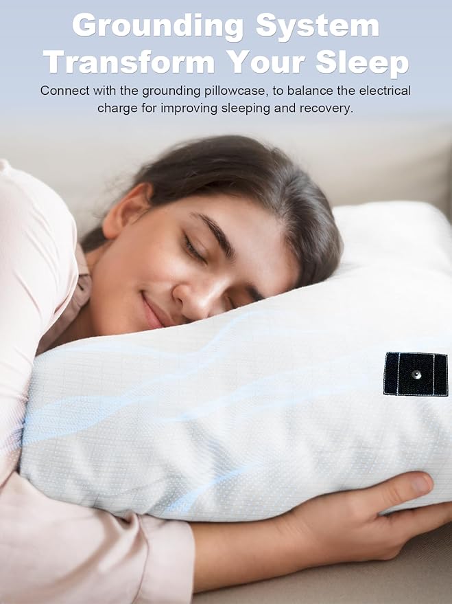 YOUBLAO Grounding Pillowcase, 90% Organic Cotton and 10% Silver Fiber Grounding Pillow Case with 15ft Grounding Cord, White Sleep Pillow 20x30 inch for Improve Sleep Improving Energy