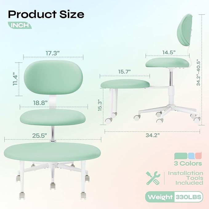 Pinmoco Ergonomic Cross Legged Office Chair with Wheels, ADHD Chair for Adults, Meditation Chair, Yoga Office Chair, Comfortable Back Support, Height Adjustable,Small Spaces, PU Leather, Green