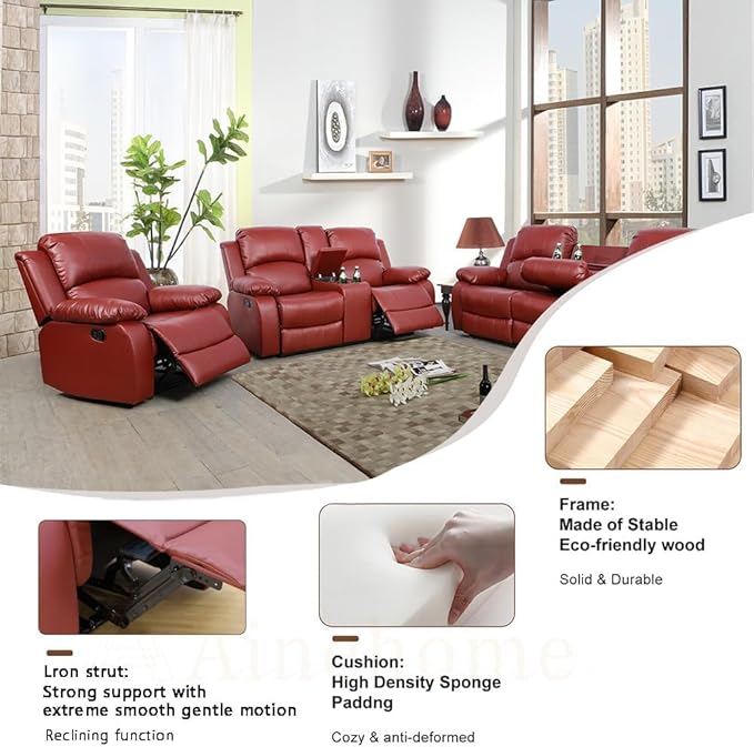 AYCP Bonded Leather 3 Pieces Reclining Sofa Set (Loveseat, Sofa) with Storage and Dropdown Coffee Tables, Red