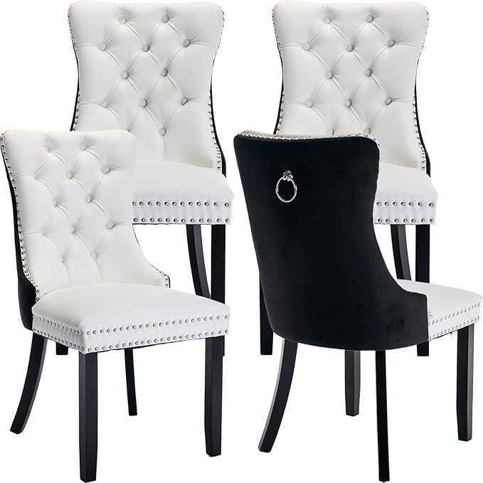 YeahFurn Modern Dining Chairs Set of 4, Tufted Upholstered Dining Room Chairs with Nailhead, PU Leather Front & Velvet Back, Solid Wood Legs, Kitchen Chairs, Sillas de Comedor (White & Black)