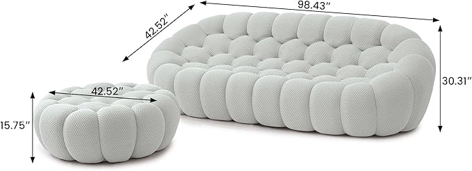 JACH Bubble Sofa with Ottoman, Curved Couch, Comfy Upholstered Sofa, Mesh Fabric 3D Honeycomb Shape Modern Couch for Living Room, Office, Apartment, Small Space (Light Grey)