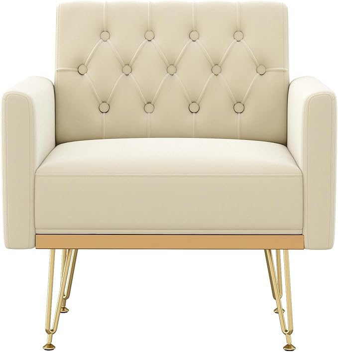 Accent Chair for Living Room, Comfy Oversized Velvet Upholstered Arm Chairs, Mid Century Modern Reading Single Sofa Side Chair with Tufted Back and Gold Legs for Bedroom (1, Beige)
