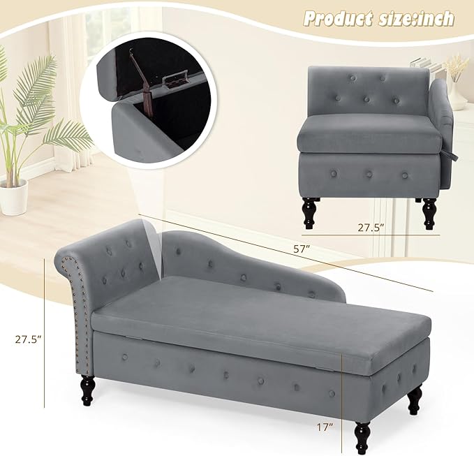 ACMEASE Upholstered Chaise Lounge with Left Armrest & Lumbar Pillow,Button Tufted Lounge Sofa with Storage,Lounge Chair Indoor,Modern Velvet Lounge Chair for Bedroom, Living Room and Office,Grey