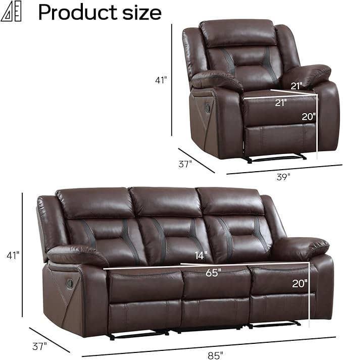 EBELLO Manual Recliner Sofa Set, Faux Leather Reclining Living Room Furniture Set, Included Recliner Chair and 3 Seat Manual Sofa, Dark Brown