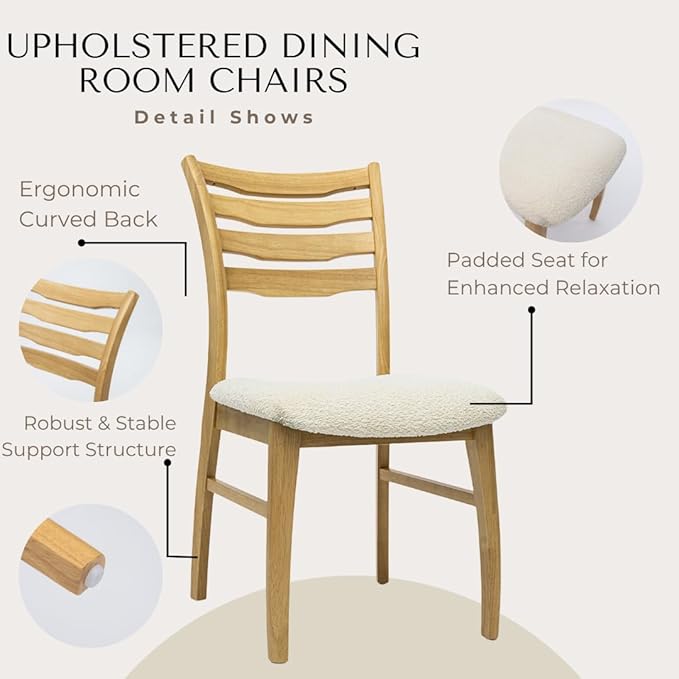 HNY Modern Farmhouse Dining Chairs Set of 2, White Sherpa Boucle Upholstered Seat Kitchen Chairs, Rustic Industrial Armless Side Chairs with Natural Wooden Frame for Dining Living Room Restaurant