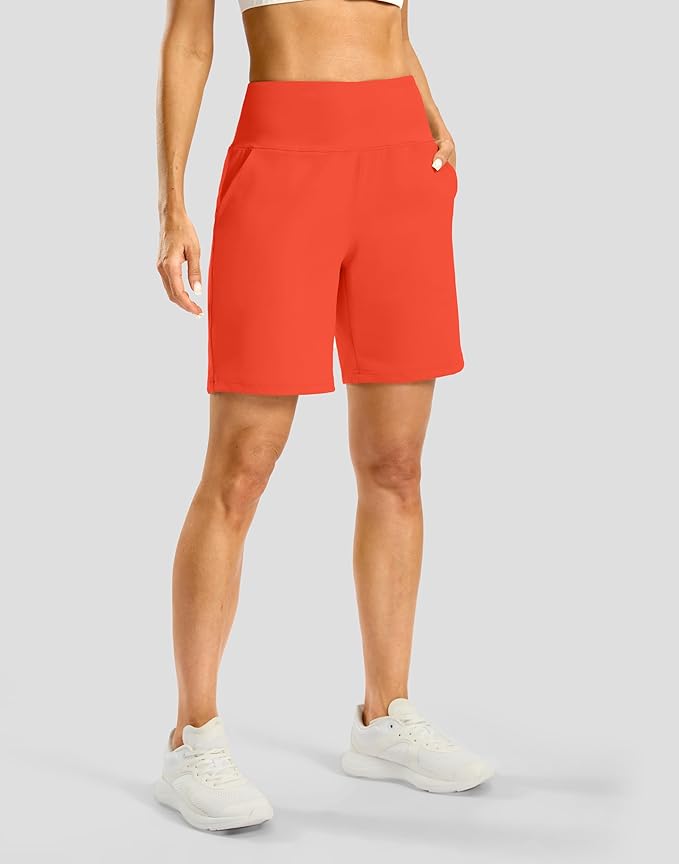 Women's Athletic Shorts with Zipper Pocket 7" High Waisted Stretchy Bermuda Shorts for Women Workout Running Casual