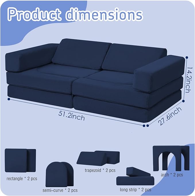 MeMoreCool Kids Modular Play Couch – 10-Piece Navy Foam Sofa Set, Convertible Playroom Furniture | Fold-Out Toddler Bed | Safe, Washable & Imaginative Design