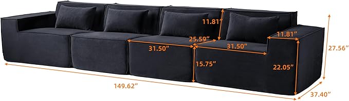 JACH 149" Cloud Sectional Couch, Huge Plus 4 Seater Modular Sofa, Modern Comfy Corduroy Couches, Sofas Furniture for Living Room, Office, Apartment, Black