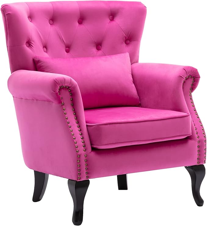 DM Furniture Set of 2 Mid-Century Modern Accent Chair, Velvet Armchair w/Tufted Back/Wood Legs, Upholstered Lounge Arm Chair Single Sofa for Living Room Bedroom, Rose Pink