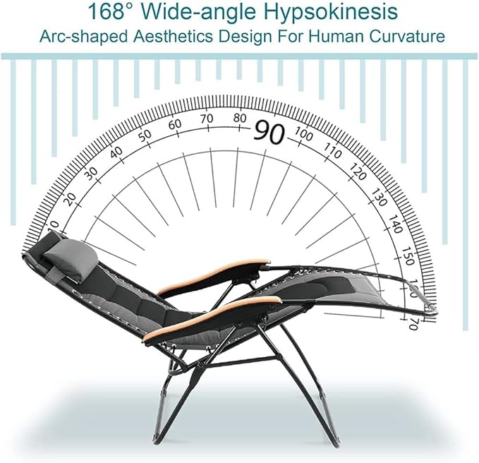 PHI VILLA XXL Oversized Padded Zero Gravity Chair, Foldable Patio Recliner, 30" Wide Seat Anti Gravity Lounger with Cup Holder, Support 400 LBS (Gray)
