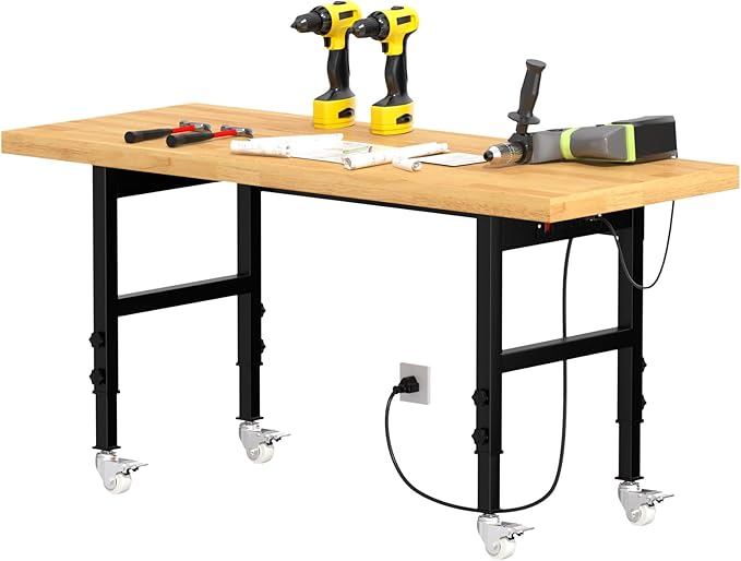 60" Heavy-Duty Solid Wood Work Bench with Wheels, Adjustable Height Workbench with Power Outlets, 2000 LBS Capacity Work Table for Garage, Workshop(60" X 24")