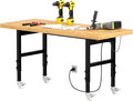 60" Heavy-Duty Solid Wood Work Bench with Wheels, Adjustable Height Workbench with Power Outlets, 2000 LBS Capacity Work Table for Garage, Workshop(60" X 24")