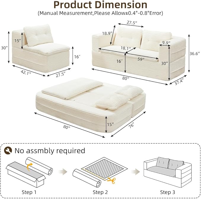 80" Foldable Floor Couch, 3-Seat Convertible Sleeper Sofa with Chaise Lounge, Blanket and 3 Soft Pillows, Corduroy Fabric, for Living Room, Bedroom, Apartment, No Assembly Required, Beige