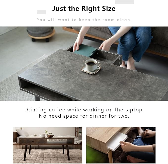 EMOOR Wooden Small Coffee Table with Storage Rectangle Medium (35.4"x17.7") Stone Gray, Floor Sitting Low Table Small Space Minimalist Japanese Tatami Room