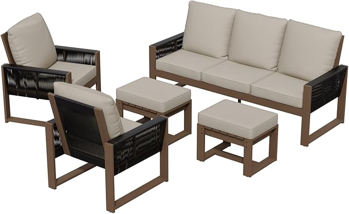 INTER HUT Rustic Hideaway Natural Cedar Wood Outdoor Furniture Set, Wicker Patio Conversation Set for Porch Garden Backyard, Couch, 2 Patio Chairs and 2 Ottomans, 5 Piece, Brownish/Beige