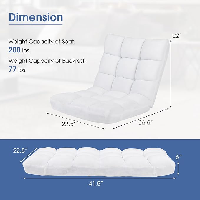 ARLIME Adjustable Floor Chair, 14-Position Lazy Sofa Chair with Back Support & Thick Padding, Portable Foldable Floor Couch for Adults, Kids, Use in Bedroom, Living Room, Home Theater (White)
