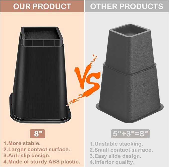 shouwuhho Bed Risers 8 Inch Heavy Duty, Furniture Risers Lifts 12" 8" 4" for Table, Desk Leg, Sofa, Couch, Adjustable Bed Frame Risers Supports Up to 6,000 Lbs, Black, 4 Pack