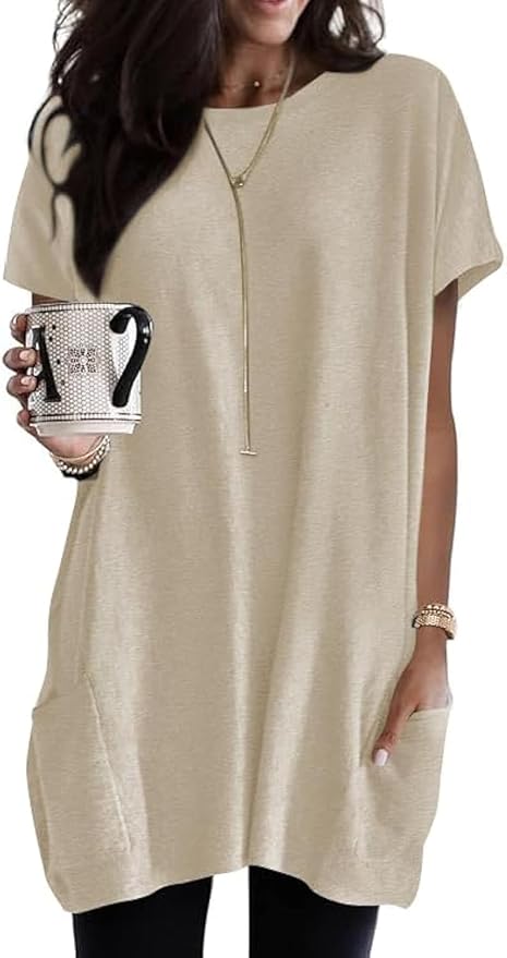 Poetsky Summer Womens Tunic Tops for Leggings with Pockets Short Sleeve Casual Long T Shirts S-3XL