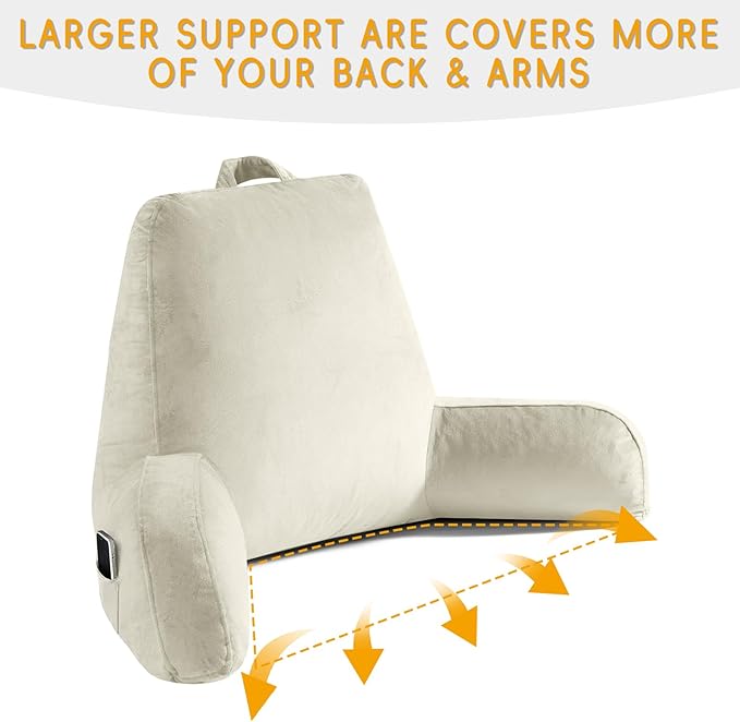 OAISZ Reading Pillow for Sitting in Bed Adult, Reading Pillow with Shredded Memory Foam, Bed Pillow with Washable Cover, Back Pillow Sitting Up with Extend Arms, Beige, X-Large