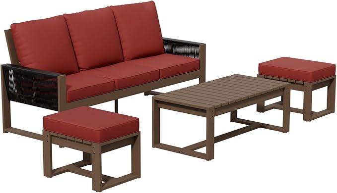 INTER HUT Rustic Hideaway Natural Cedar Wood Outdoor Furniture Set, Wicker Patio Conversation Set for Porch Garden Backyard, Couch, Coffee Table and 2 Ottomans, 4 Piece, Brownish/Red